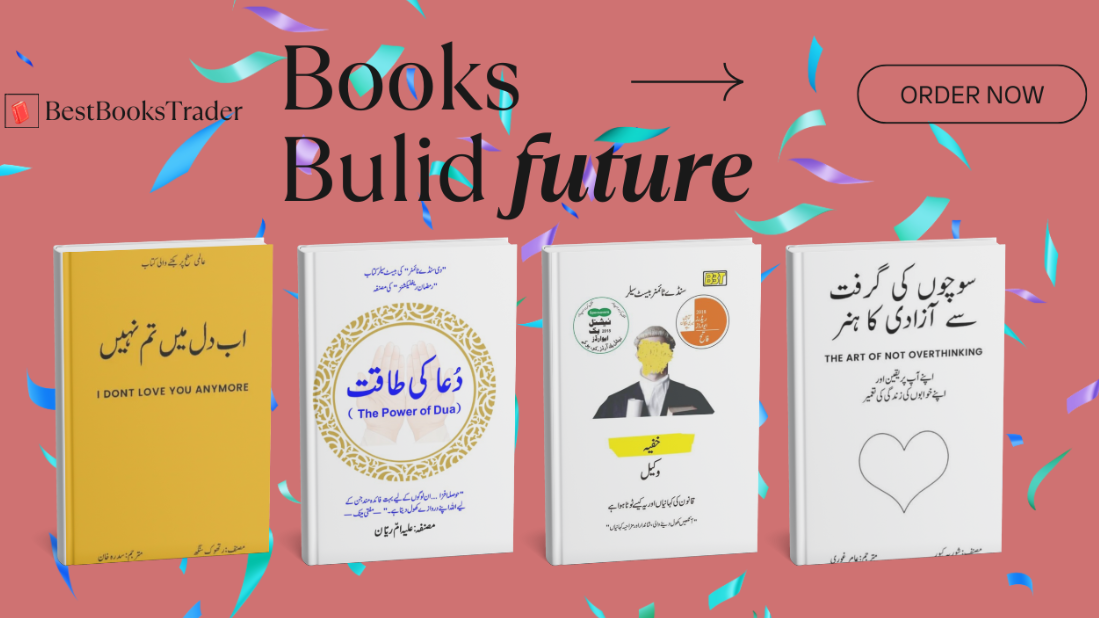 Promotional image of books with confetti on a pink background, featuring 'BestBooksTrader' branding.